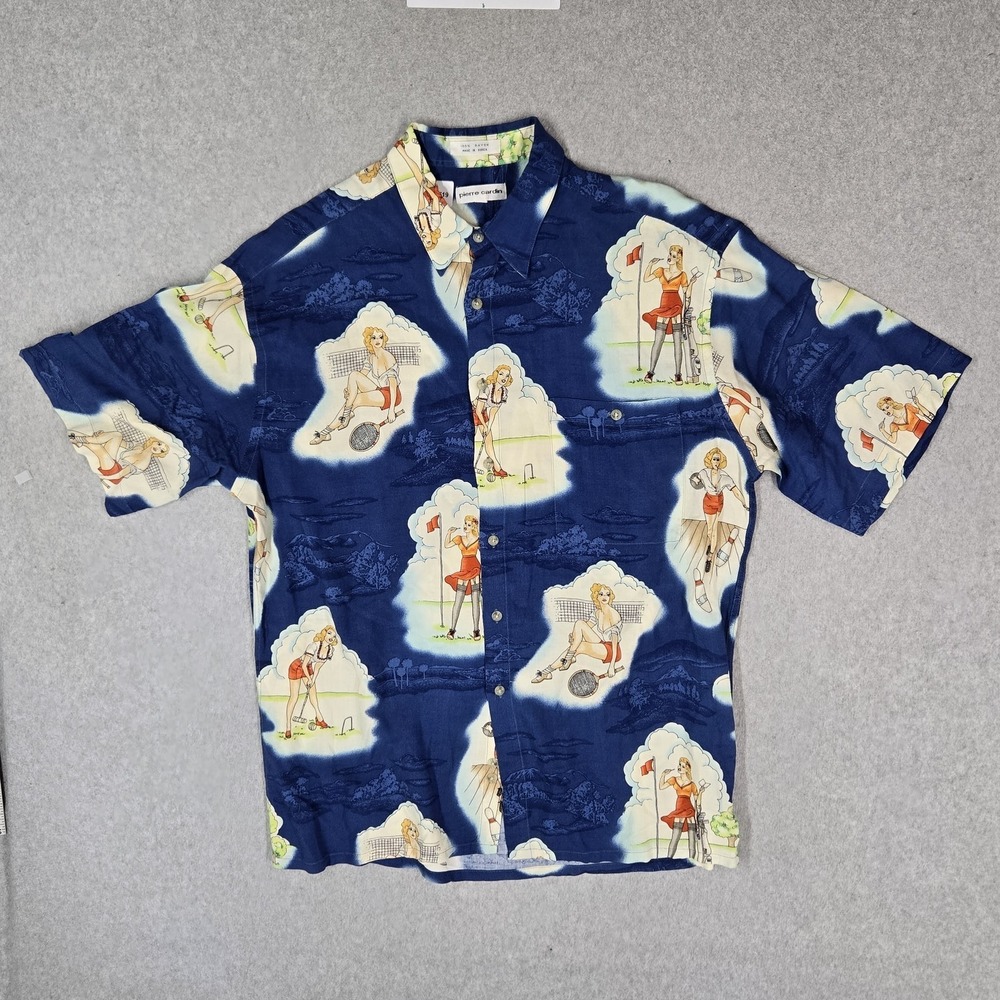 VINTAGE Pierre Cardin Men Button Up Shirt L Blue Graphic Pinup Girls Hawaiian